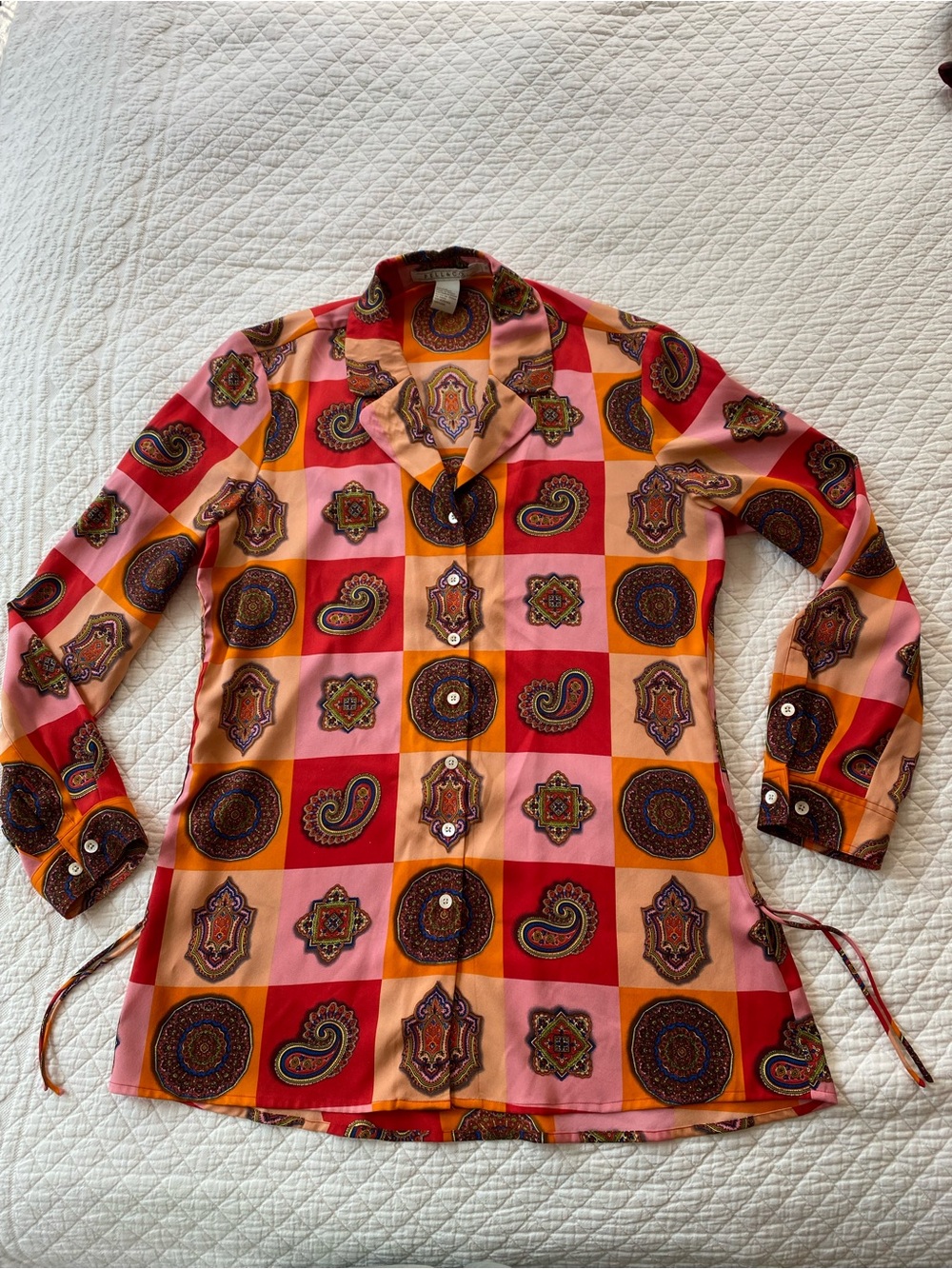 Silk Long-Sleeve Paisley Checker Button Up Shirt Retro Mod Groovy Cinch Ties